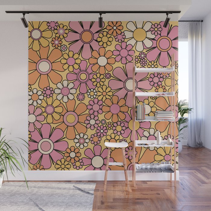 Retro Garden Flowers Groovy 60s 70s Floral Pattern Pink Orange Yellow Black Wall Mural Gallery Image 1