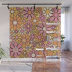Retro Garden Flowers Groovy 60s 70s Floral Pattern Pink Orange Yellow Black Wall Mural Gallery Image 1
