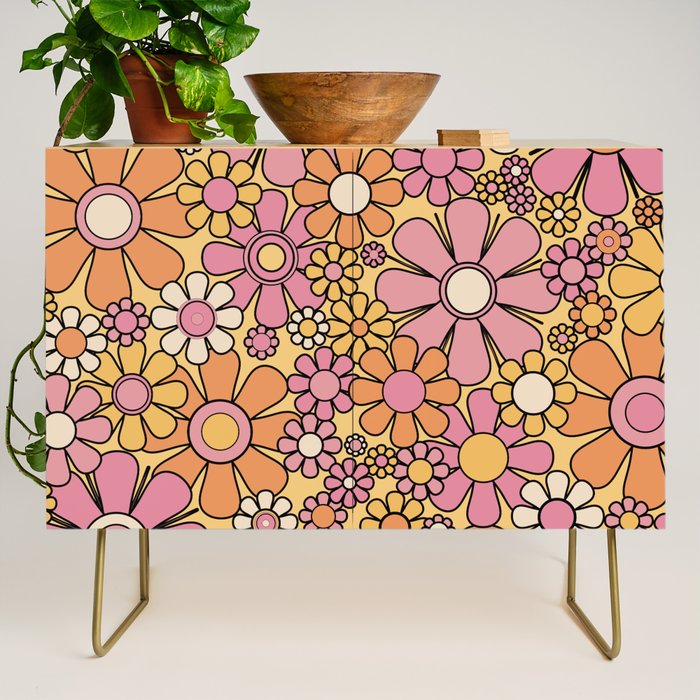 Retro Garden Flowers Groovy 60s 70s Floral Pattern Pink Orange Yellow Black Credenza Gallery Image 1