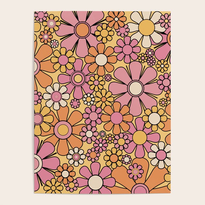 Retro Garden Flowers Groovy 60s 70s Floral Pattern Pink Orange Yellow Black Poster Gallery Image 4
