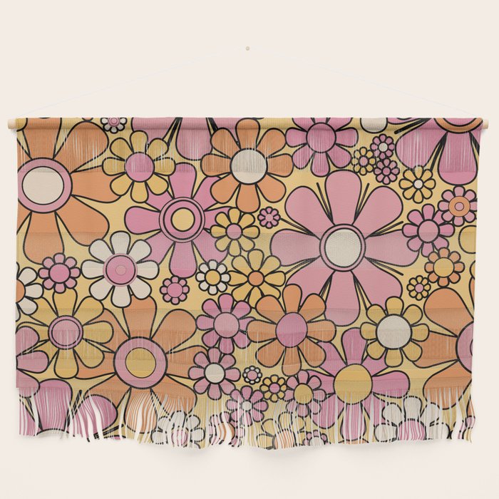 Retro Garden Flowers Groovy 60s 70s Floral Pattern Pink Orange Yellow Black Wall Hanging Gallery Image 1