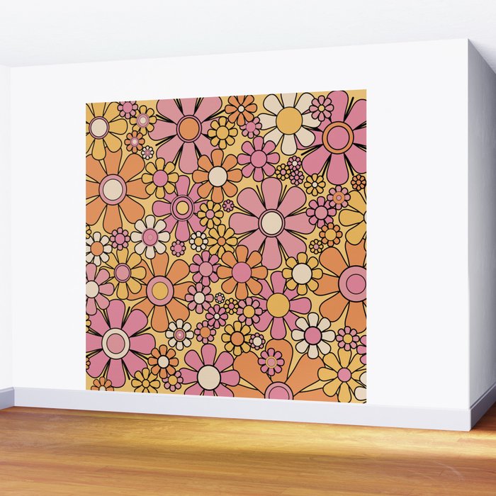 Retro Garden Flowers Groovy 60s 70s Floral Pattern Pink Orange Yellow Black Wall Mural Gallery Image 2