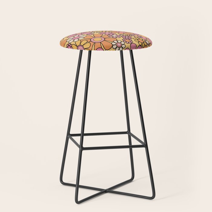 Retro Garden Flowers Groovy 60s 70s Floral Pattern Pink Orange Yellow Black Stool Gallery Image 1