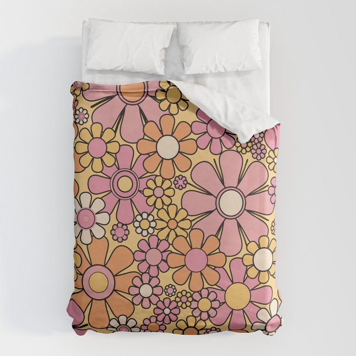 Retro Garden Flowers Groovy 60s 70s Floral Pattern Pink Orange Yellow Black Duvet Cover Gallery Image 6