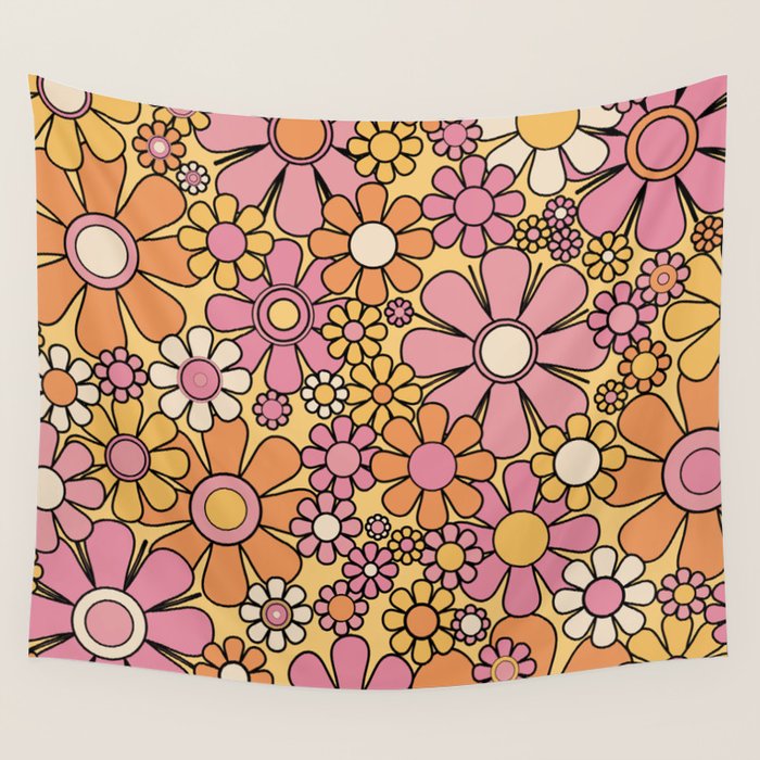 Retro Garden Flowers Groovy 60s 70s Floral Pattern Pink Orange Yellow Black Wall Tapestry Gallery Image 4