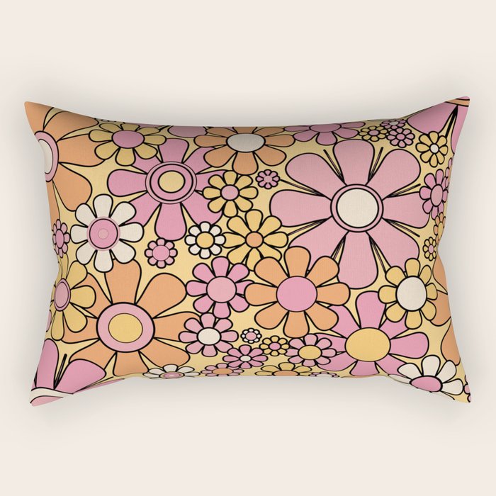 Retro Garden Flowers Groovy 60s 70s Floral Pattern Pink Orange Yellow Black Rectangular Pillow Gallery Image 1