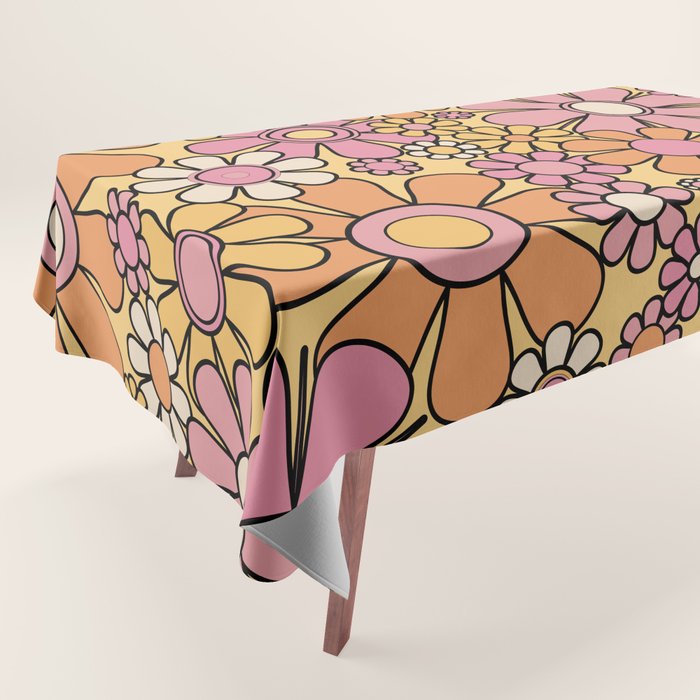 Retro Garden Flowers Groovy 60s 70s Floral Pattern Pink Orange Yellow Black Tablecloth Gallery Image 1