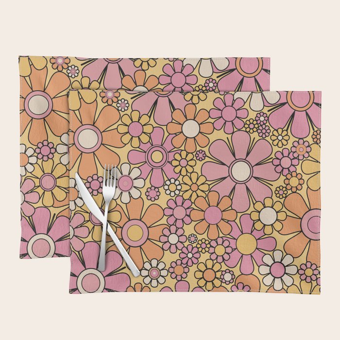Retro Garden Flowers Groovy 60s 70s Floral Pattern Pink Orange Yellow Black Placemat Gallery Image 1