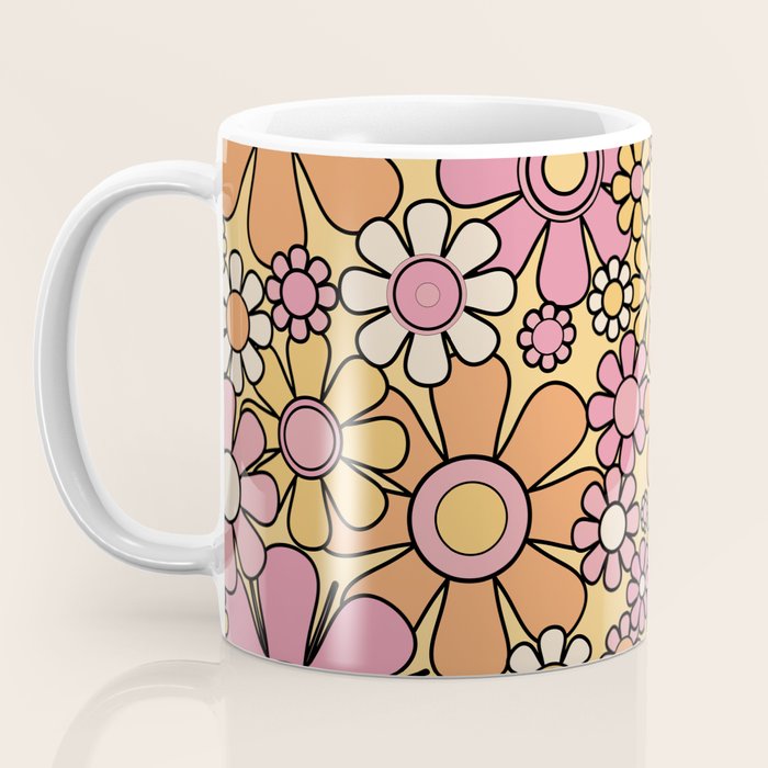 Retro Garden Flowers Groovy 60s 70s Floral Pattern Pink Orange Yellow Black Coffee Mug Gallery Image 3