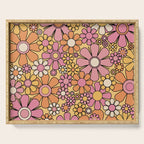 Retro Garden Flowers Groovy 60s 70s Floral Pattern Pink Orange Yellow Black Serving Tray Gallery Image 1