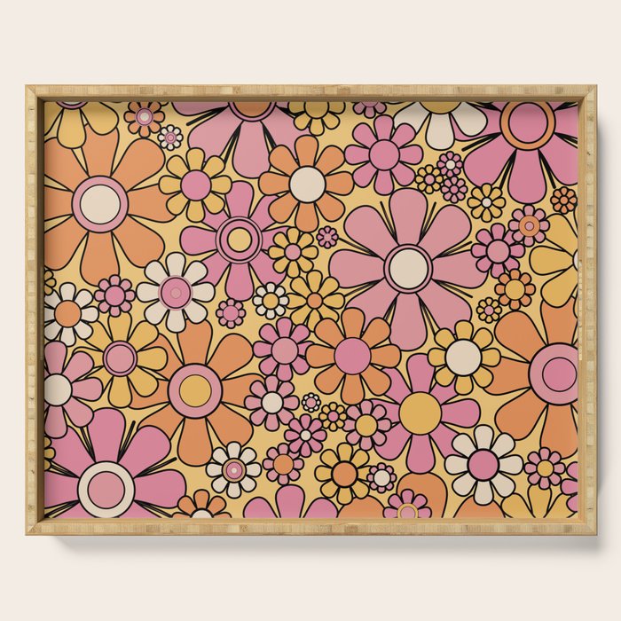 Retro Garden Flowers Groovy 60s 70s Floral Pattern Pink Orange Yellow Black Serving Tray Gallery Image 1