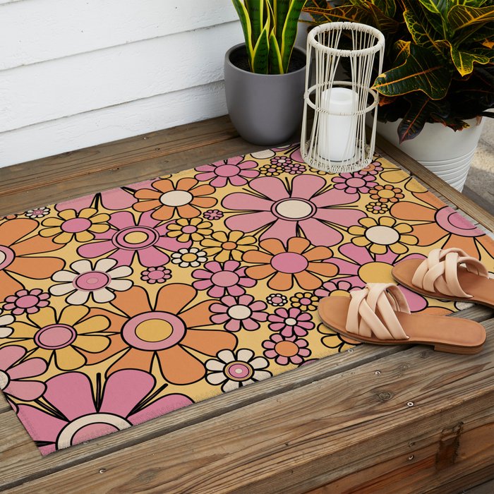 Retro Garden Flowers Groovy 60s 70s Floral Pattern Pink Orange Yellow Black Outdoor Rug Gallery Image 2