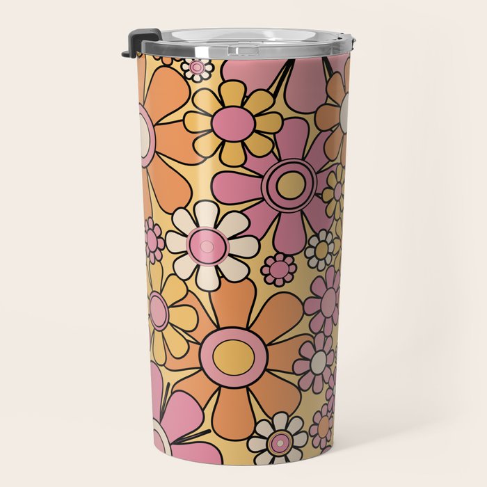 Retro Garden Flowers Groovy 60s 70s Floral Pattern Pink Orange Yellow Black Travel Mug Gallery Image 3