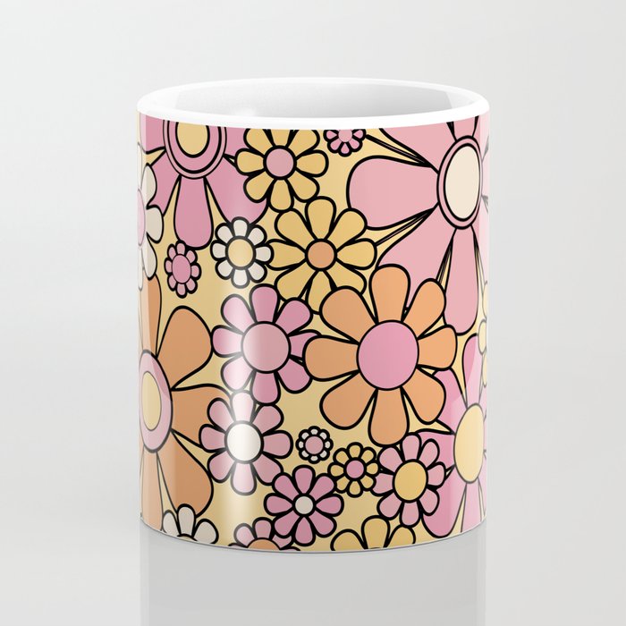 Retro Garden Flowers Groovy 60s 70s Floral Pattern Pink Orange Yellow Black Coffee Mug Gallery Image 4