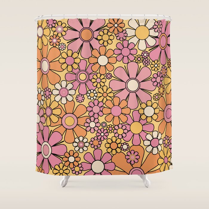 Retro Garden Flowers Groovy 60s 70s Floral Pattern Pink Orange Yellow Black Shower Curtain Gallery Image 1