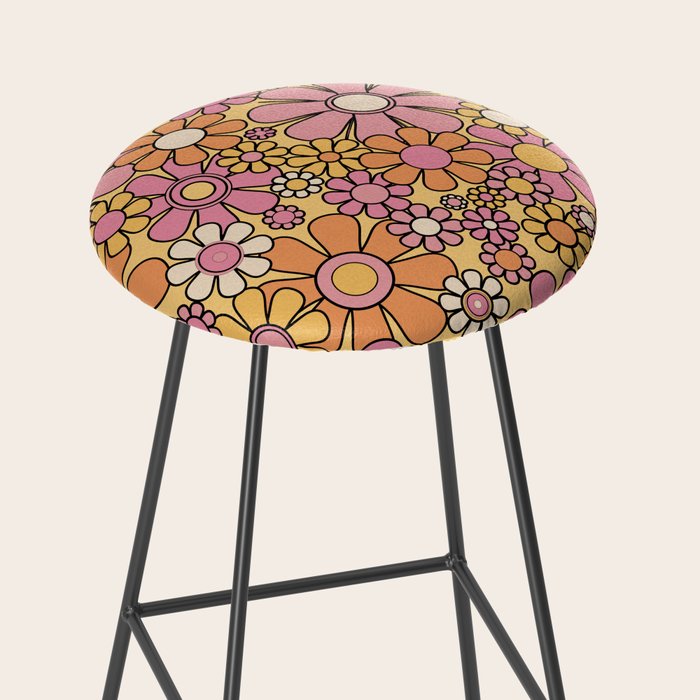 Retro Garden Flowers Groovy 60s 70s Floral Pattern Pink Orange Yellow Black Stool Gallery Image 2