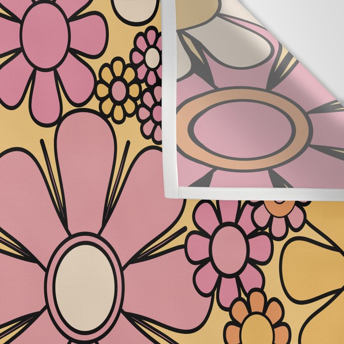 Retro Garden Flowers Groovy 60s 70s Floral Pattern Pink Orange Yellow Black Wall Tapestry Gallery Image 3