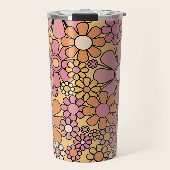 Retro Garden Flowers Groovy 60s 70s Floral Pattern Pink Orange Yellow Black Travel Mug Gallery Image 1