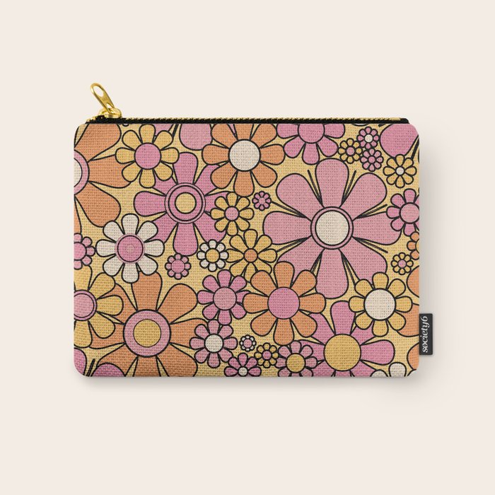 Retro Garden Flowers Groovy 60s 70s Floral Pattern Pink Orange Yellow Black Carry All Pouch Gallery Image 1