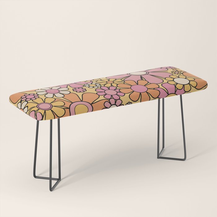 Retro Garden Flowers Groovy 60s 70s Floral Pattern Pink Orange Yellow Black Bench Gallery Image 1