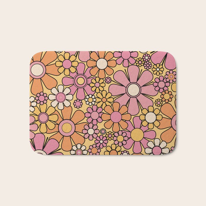 Retro Garden Flowers Groovy 60s 70s Floral Pattern Pink Orange Yellow Black Bath Mat Gallery Image 1