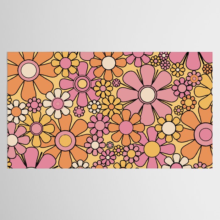 Retro Garden Flowers Groovy 60s 70s Floral Pattern Pink Orange Yellow Black Tablecloth Gallery Image 2