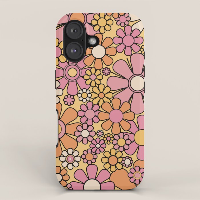 Retro Garden Flowers Groovy 60s 70s Floral Pattern Pink Orange Yellow Black iPhone Case Gallery Image 1