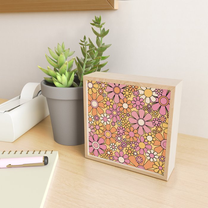 Retro Garden Flowers Groovy 60s 70s Floral Pattern Pink Orange Yellow Black Mini Art Print Gallery Image 2