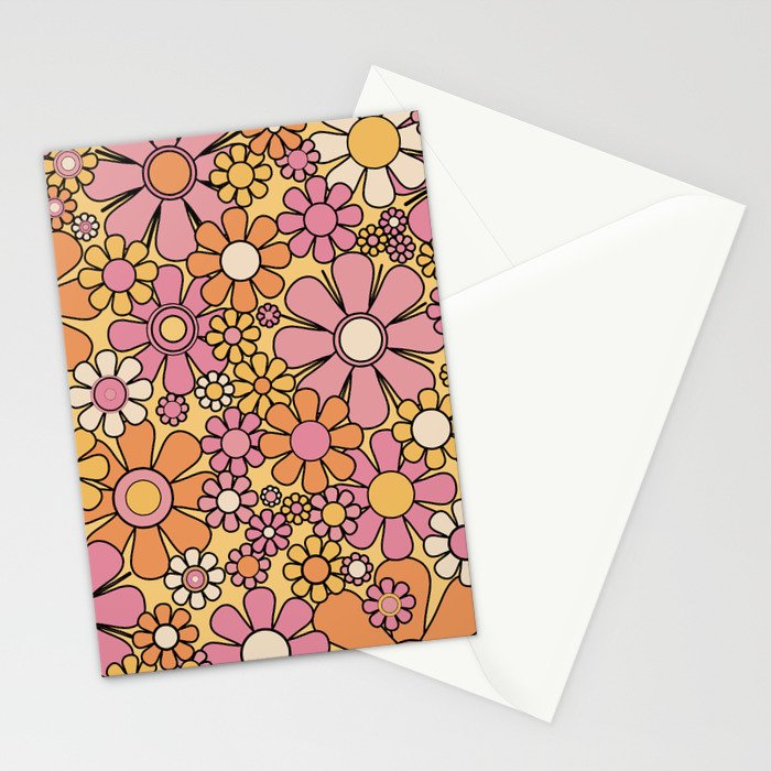 Retro Garden Flowers Groovy 60s 70s Floral Pattern Pink Orange Yellow Black Stationery Card Gallery Image 2