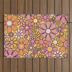 Retro Garden Flowers Groovy 60s 70s Floral Pattern Pink Orange Yellow Black Outdoor Rug Gallery Image 1