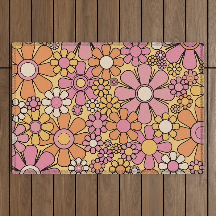 Retro Garden Flowers Groovy 60s 70s Floral Pattern Pink Orange Yellow Black Outdoor Rug Gallery Image 1