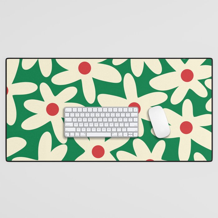 Daisy Time Floral Pattern in Christmas Holiday Red, Green, and Cream Desk Mat Gallery Image 1