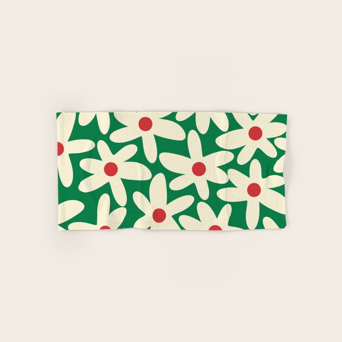 Daisy Time Floral Pattern in Christmas Holiday Red, Green, and Cream Bath Towel Gallery Image 1