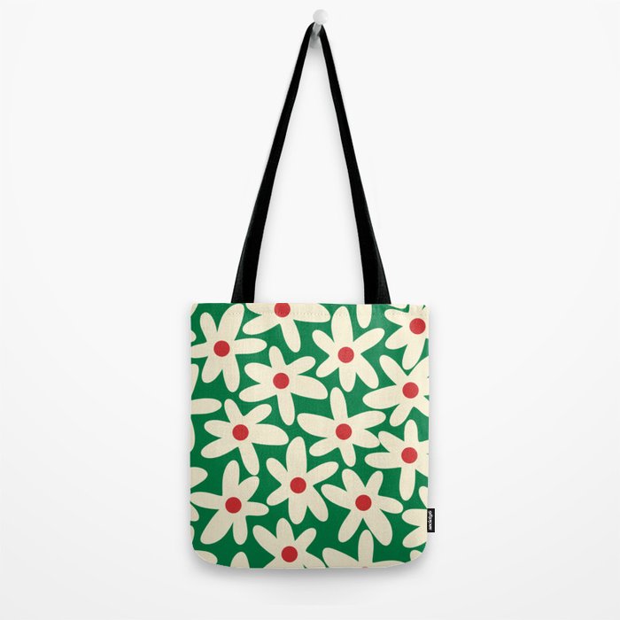 Daisy Time Floral Pattern in Christmas Holiday Red, Green, and Cream Tote Bag Gallery Image 2
