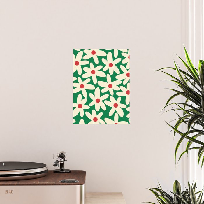 Daisy Time Floral Pattern in Christmas Holiday Red, Green, and Cream Poster Gallery Image 2