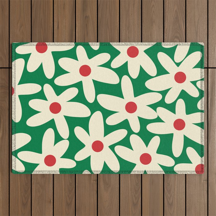 Daisy Time Floral Pattern in Christmas Holiday Red, Green, and Cream Outdoor Rug Gallery Image 1
