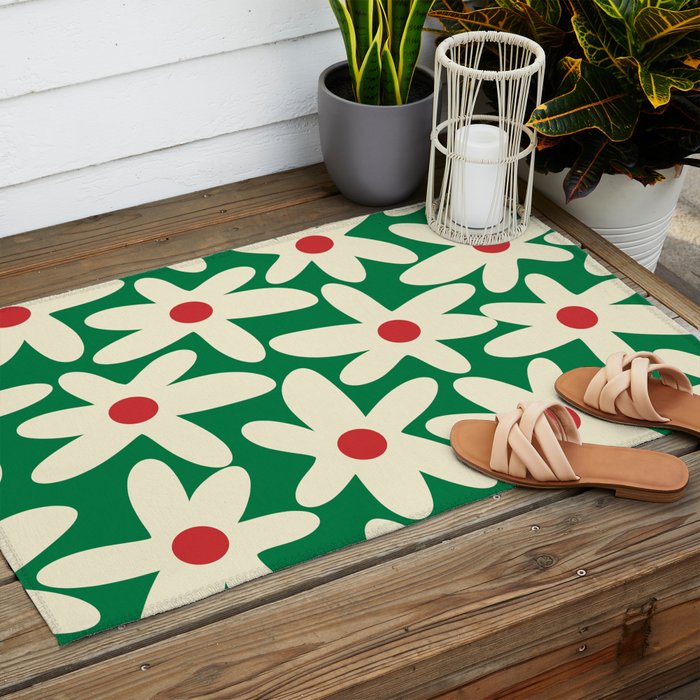 Daisy Time Floral Pattern in Christmas Holiday Red, Green, and Cream Outdoor Rug Gallery Image 2