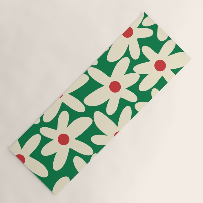 Daisy Time Floral Pattern in Christmas Holiday Red, Green, and Cream Yoga Mat Gallery Image 1