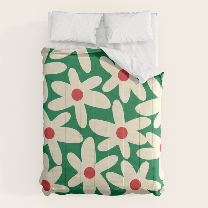Daisy Time Floral Pattern in Christmas Holiday Red, Green, and Cream Comforter Gallery Image 6