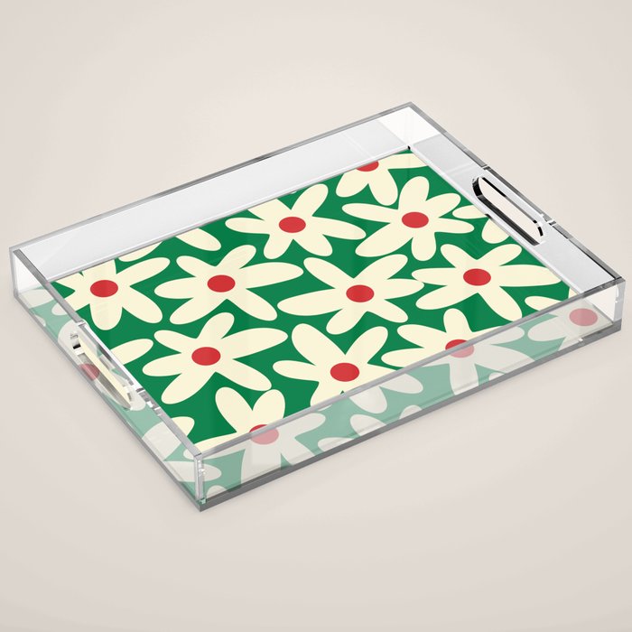 Daisy Time Floral Pattern in Christmas Holiday Red, Green, and Cream Acrylic Tray Gallery Image 1