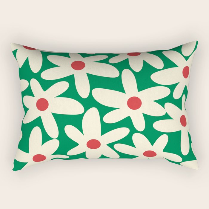 Daisy Time Floral Pattern in Christmas Holiday Red, Green, and Cream Rectangular Pillow Gallery Image 1