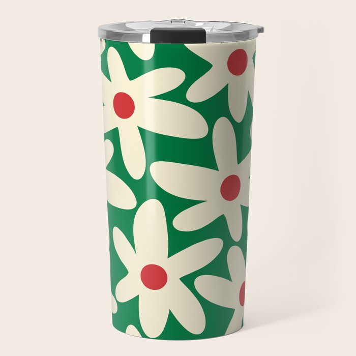 Daisy Time Floral Pattern in Christmas Holiday Red, Green, and Cream Travel Mug Gallery Image 1