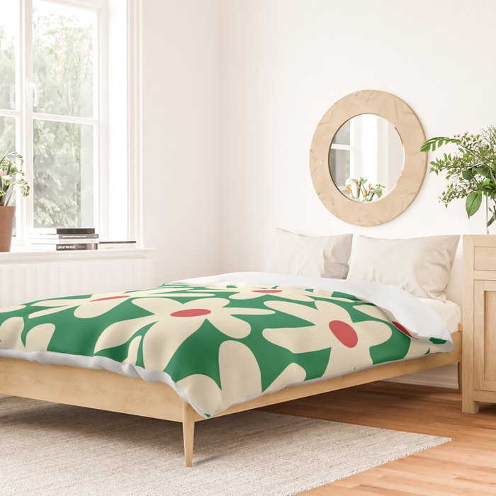 Daisy Time Floral Pattern in Christmas Holiday Red, Green, and Cream Duvet Cover Gallery Image 2