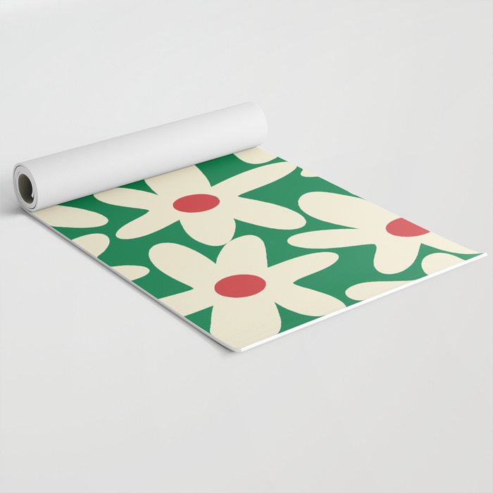Daisy Time Floral Pattern in Christmas Holiday Red, Green, and Cream Yoga Mat Gallery Image 2