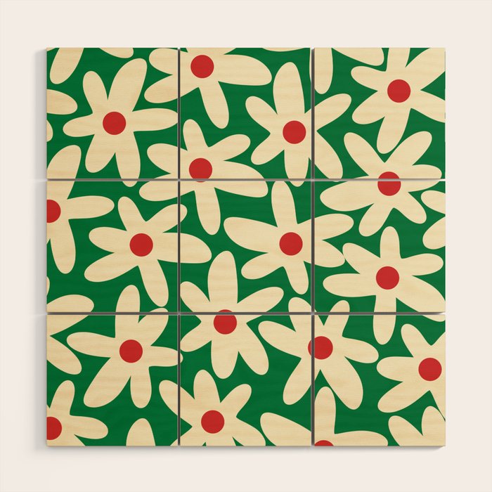 Daisy Time Floral Pattern in Christmas Holiday Red, Green, and Cream Wood Wall Art Gallery Image 1