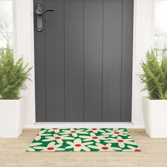 Daisy Time Floral Pattern in Christmas Holiday Red, Green, and Cream Welcome Mat Gallery Image 3
