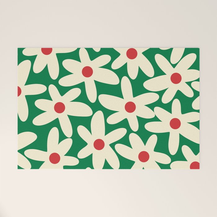 Daisy Time Floral Pattern in Christmas Holiday Red, Green, and Cream Welcome Mat Gallery Image 1