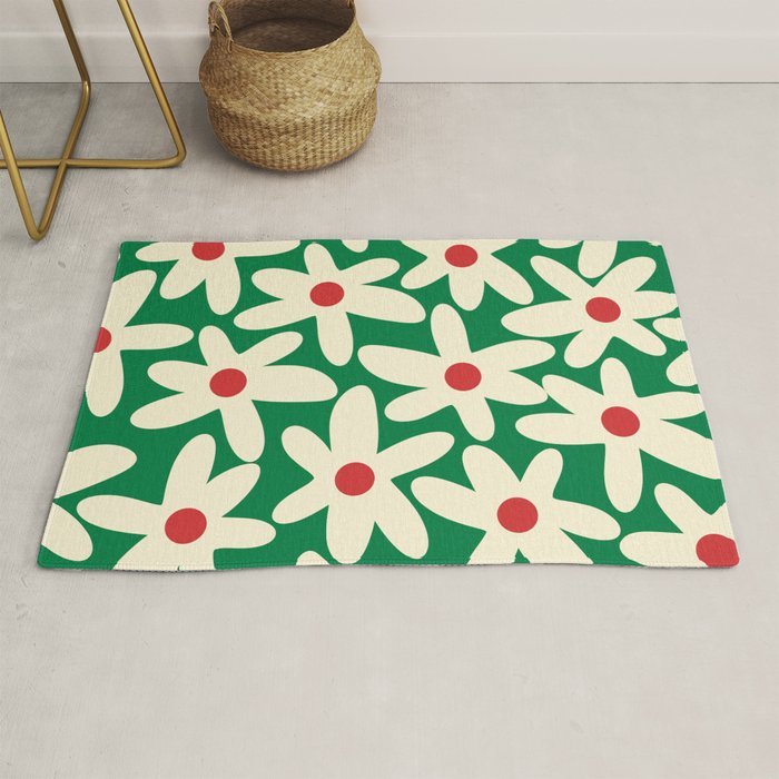 Daisy Time Floral Pattern in Christmas Holiday Red, Green, and Cream Rug Gallery Image 1