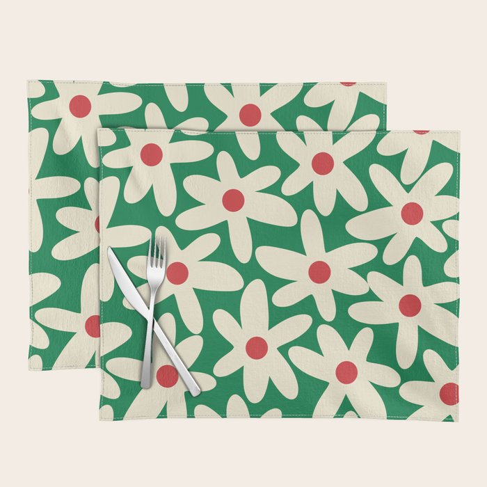 Daisy Time Floral Pattern in Christmas Holiday Red, Green, and Cream Placemat Gallery Image 1