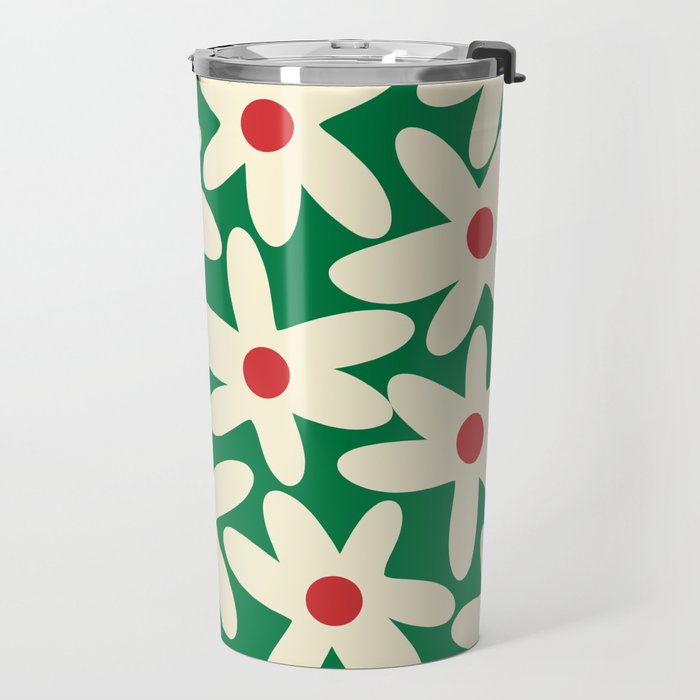 Daisy Time Floral Pattern in Christmas Holiday Red, Green, and Cream Travel Mug Gallery Image 2